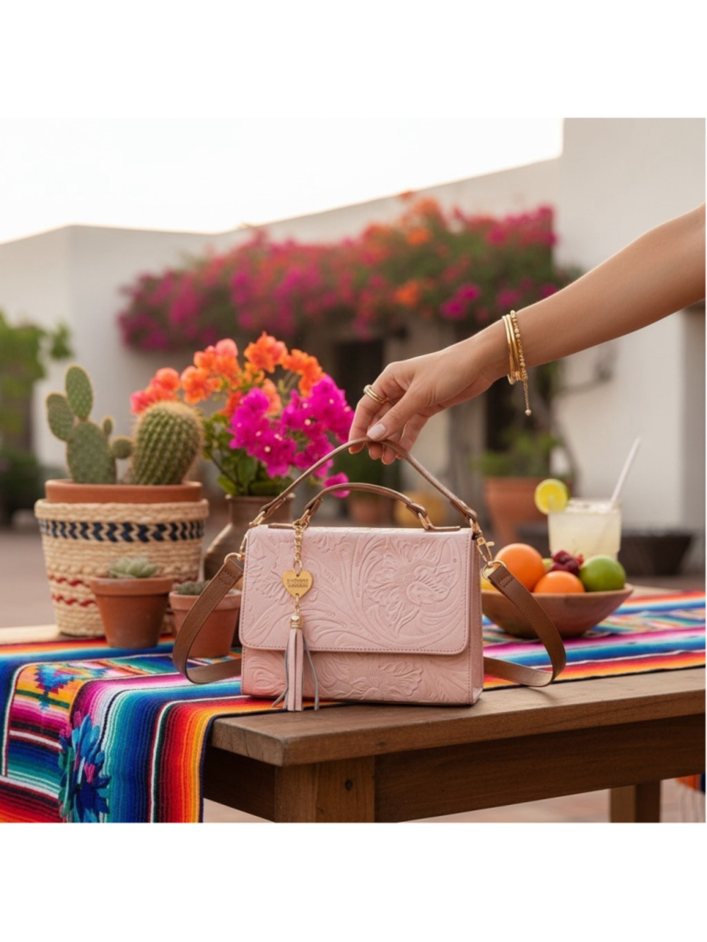 Baby Pink Floral Embossed Tooled Artisan LEATHER Crossbody Handbag Purse Bag